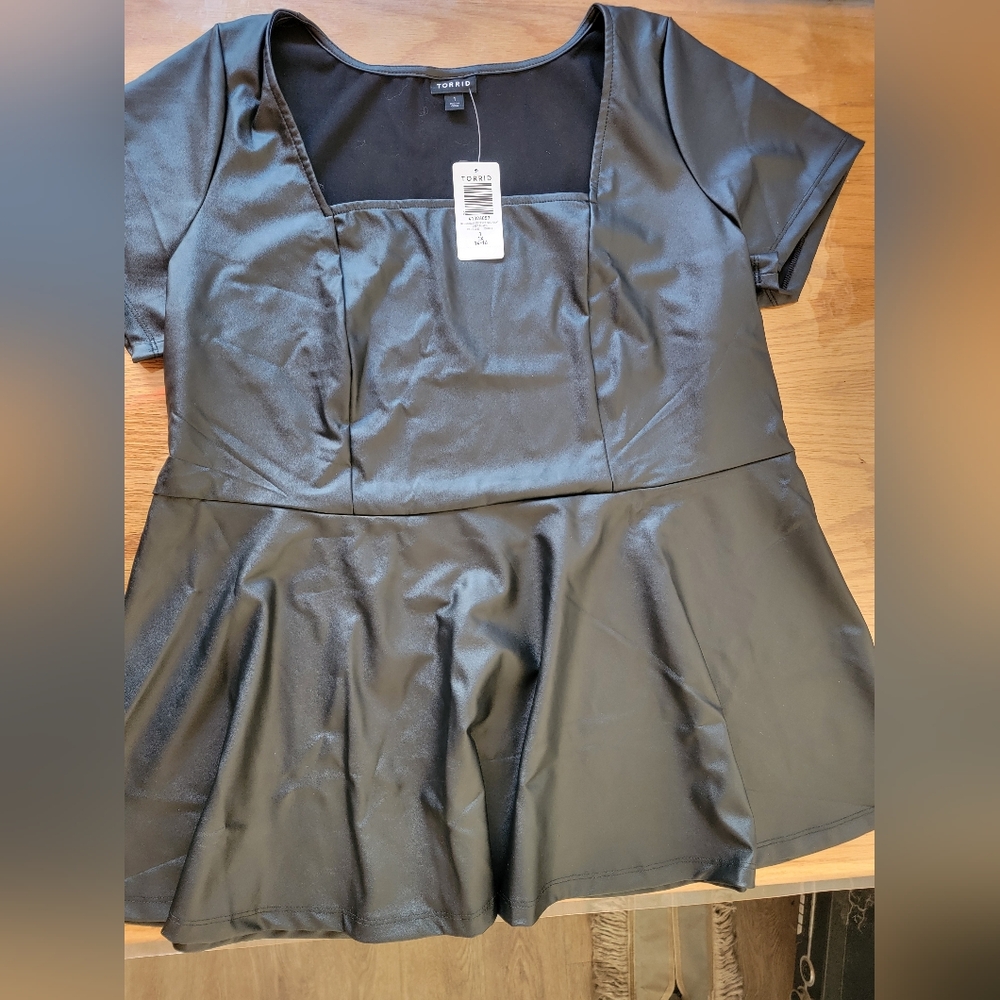Faux Leather square neck cap sleeve pleated peplum top